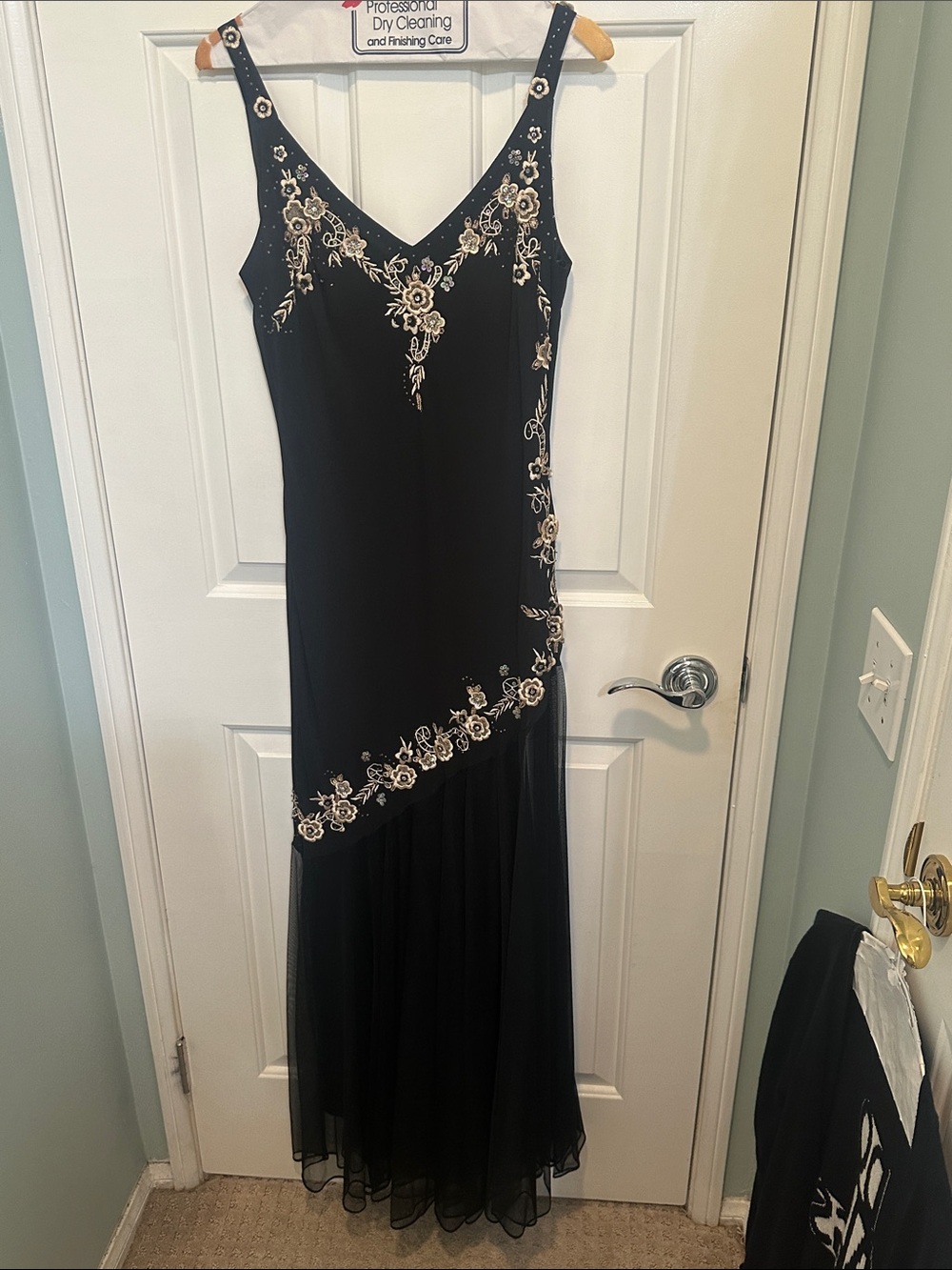 Black Maxi Dress with Cream Floral Embroidery - Elegant V-Neck Evening Gown